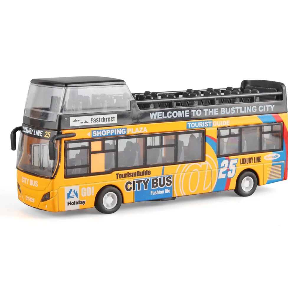 Double Decker Sightseeing Bus Alloy Car Model Simulation Diecast City Tourist Vehicle Toy Sound Light Collection Gift