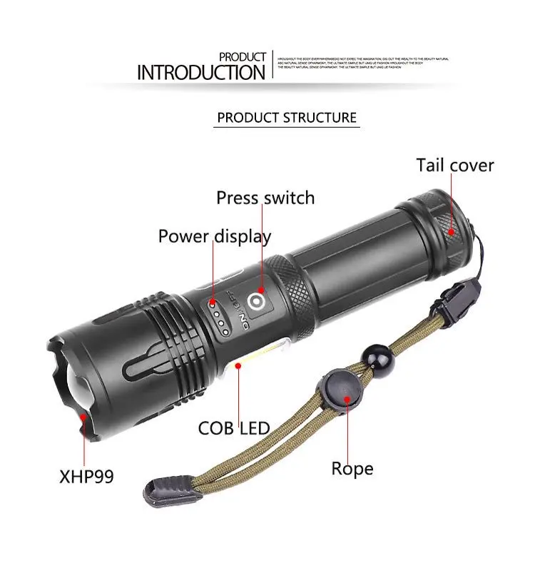 Rechargeable LED Flashlight with COB Side Light Zoomable Waterproof Multi-Mode Handheld Torch for Camping Hiking Emergency