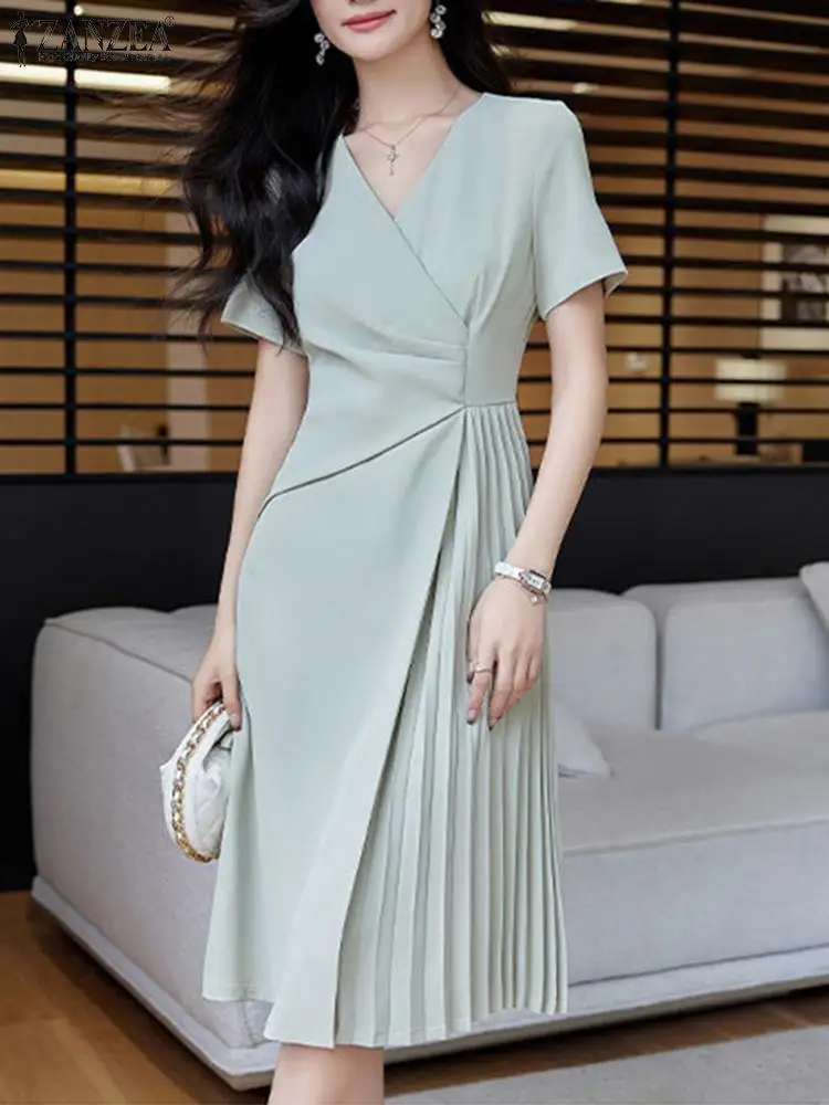 Summer V Neck Short Sleeve Pleated Dress 2024 ZANZEA Women Elegant OL Work Sundress Casual Fashion Solid Party Midi Vestido Robe