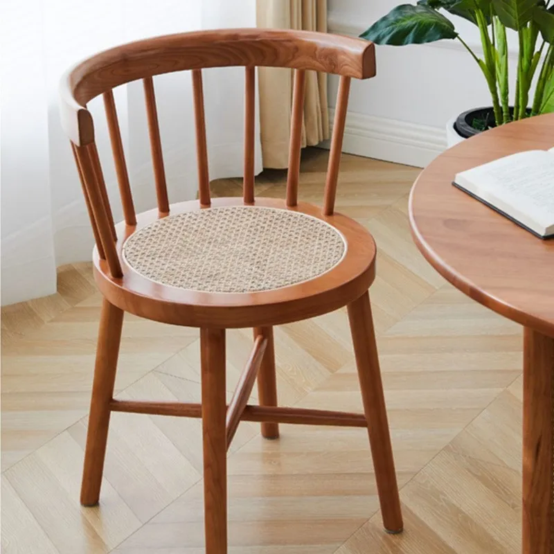 X&D Nordic Japanese Style Solid Wood Wicker Windsor Dining Chair Home Retro Leisure Backrest Chair Solid Wood Wicker Round Chair