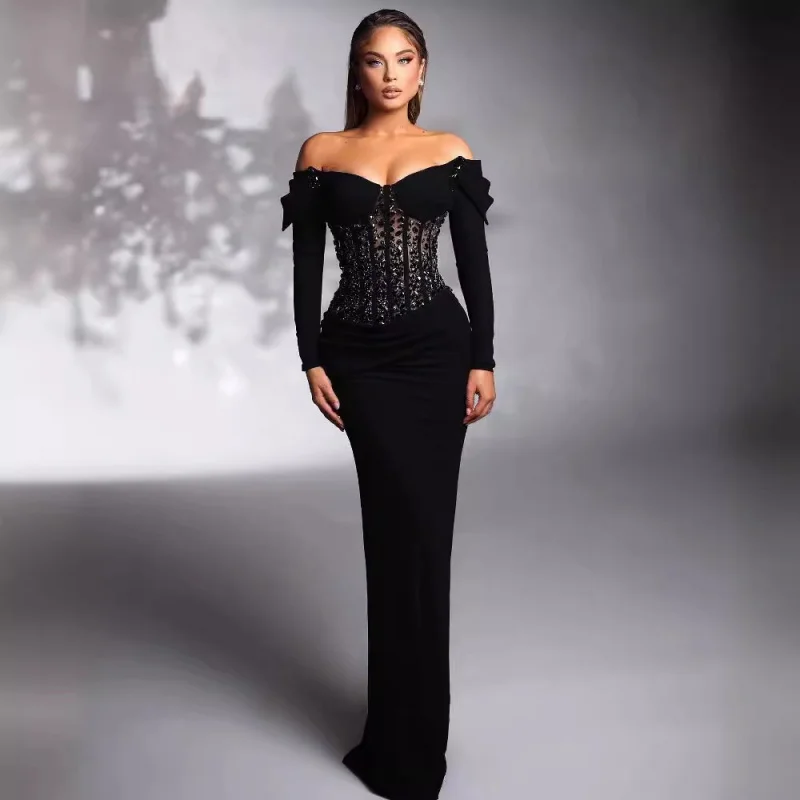 2025 nouveauté robe femme automne luxe strass Sexy pure épaules dénudées robe noire à la mode élégante robe de soirée