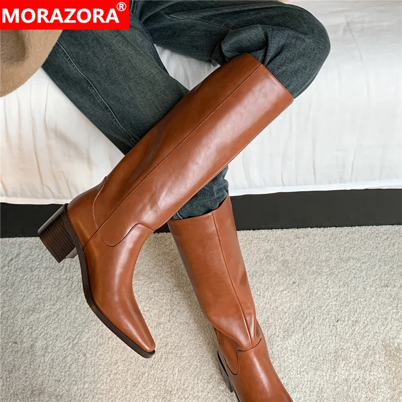 MORAZORA INS новые ботинки из натуральной кожи, женские сапоги до колена без шнуровки, модные сапоги на массивном высоком каблуке с острым носком