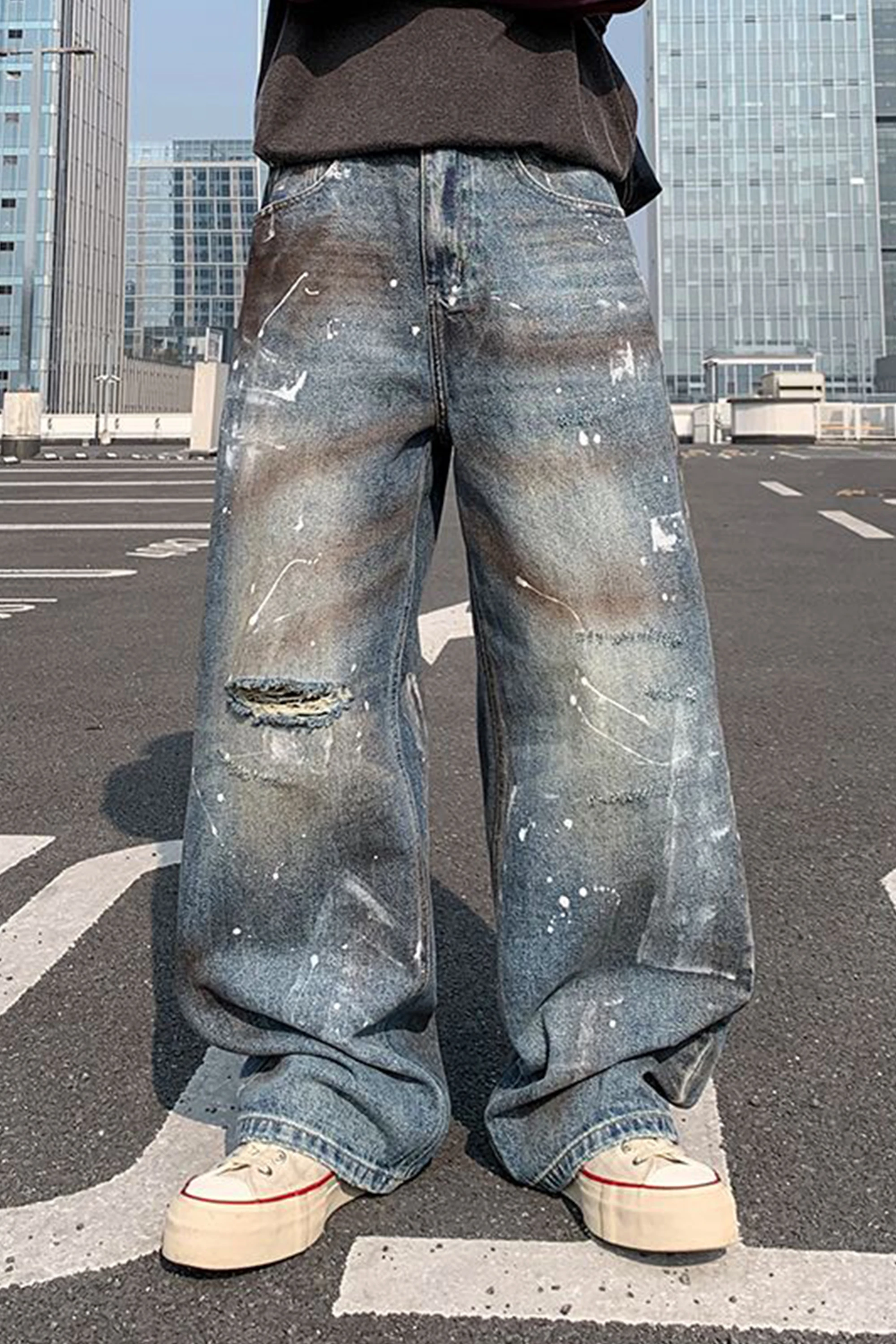 American-Style Trendy Retro Distressed Jeans for Men, New Spring/Autumn Model with Ink-Splattered Design, Ripped Wide-Leg Pants, Cool Street Style, Suitable for Parties