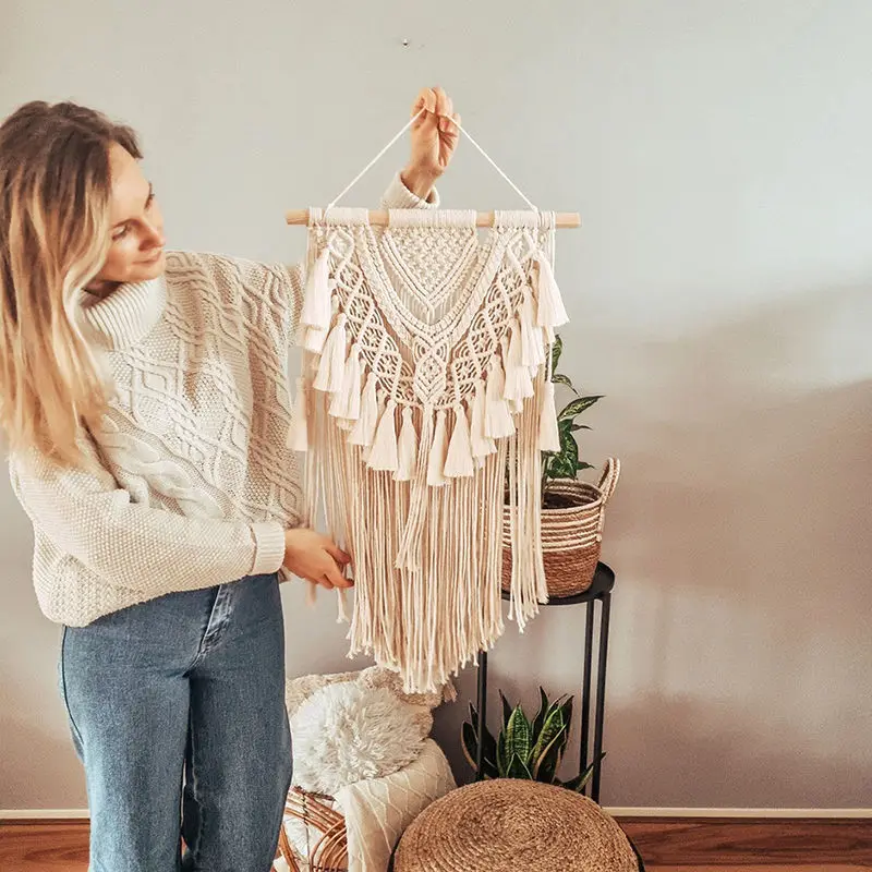 معلقة على الحائط منسوجة يدويًا من بوهو - نسيج مكرامية لغرفة نوم Kawaii وBnB، ديكور غرفة جمالي جذاب #2