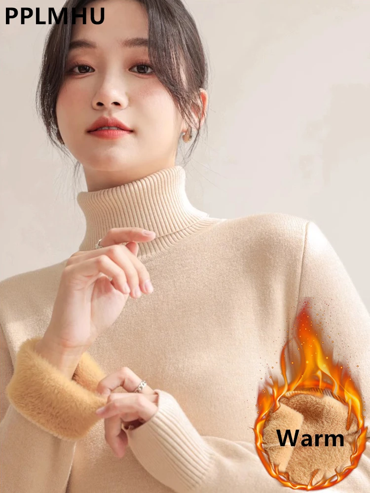 Warm Turtleneck Sweaters Women Winter Slim Plush Velvet Lined Knit Pullover Thicken Knitwear Jumper Soft Jersey New Malhas Tops