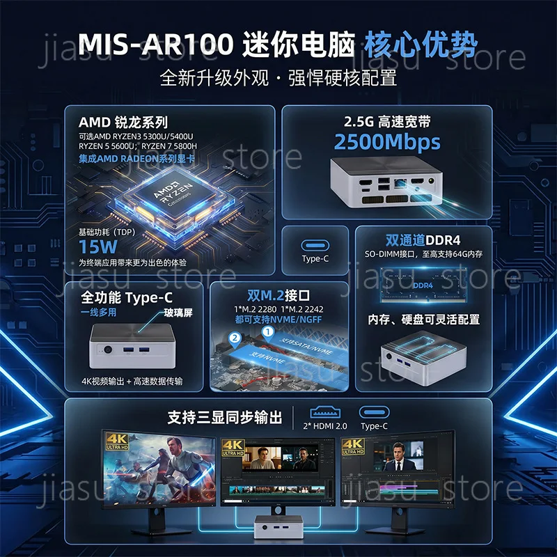 AMD Ryzen Mini Computer Host R3/R5/R7 Baresystem Power Consumption Home Office Small Desktop MINI PC.