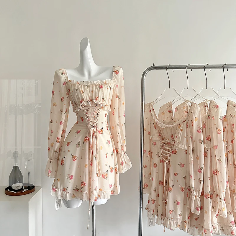 

Новинка 2023 года, летнее милое платье с длинными рукавами и цветочным принтом, мини-платье в стиле морского отпуска, женское модное платье трапециевидной формы