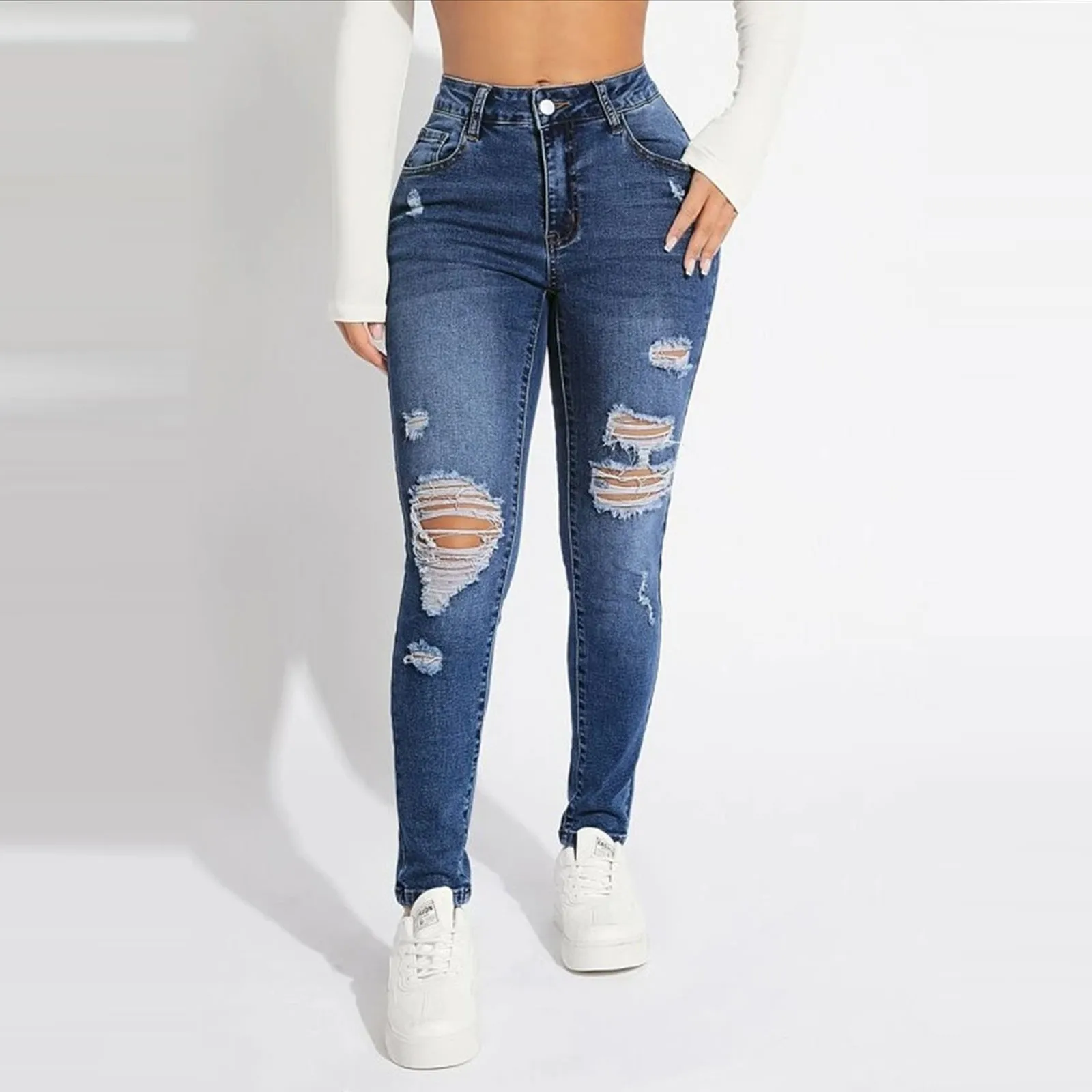 

2024 рваные джинсы с высокой талией для женщин, модные Стрейчевые узкие джинсовые брюки-карандаш, женские повседневные облегающие брюки