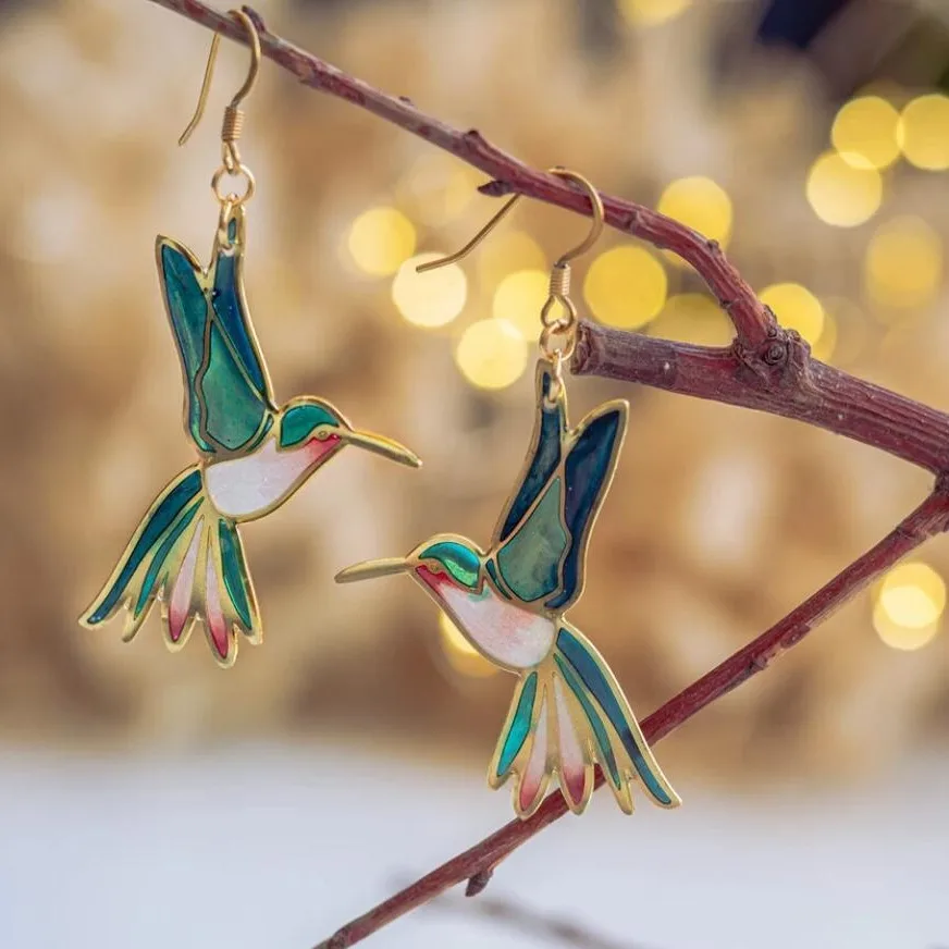 Bohemian Style Eye-catching Street Jewelry, Fashionable Colorful Hummingbird Drop Oil Metal Earrings, Retro Style Women Earrings