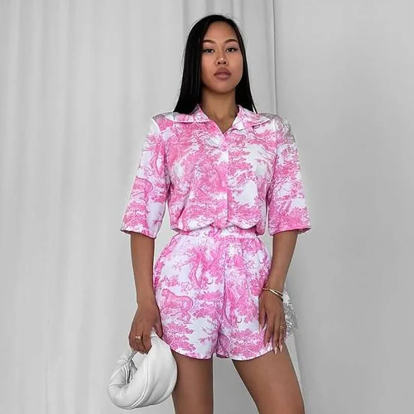 HiLoc Spring Fashion Print Shorts Sets Loungewear Casual Short Sleeve Blouse With Elastic Waist Mini Pants 2 Piece Sets 2026