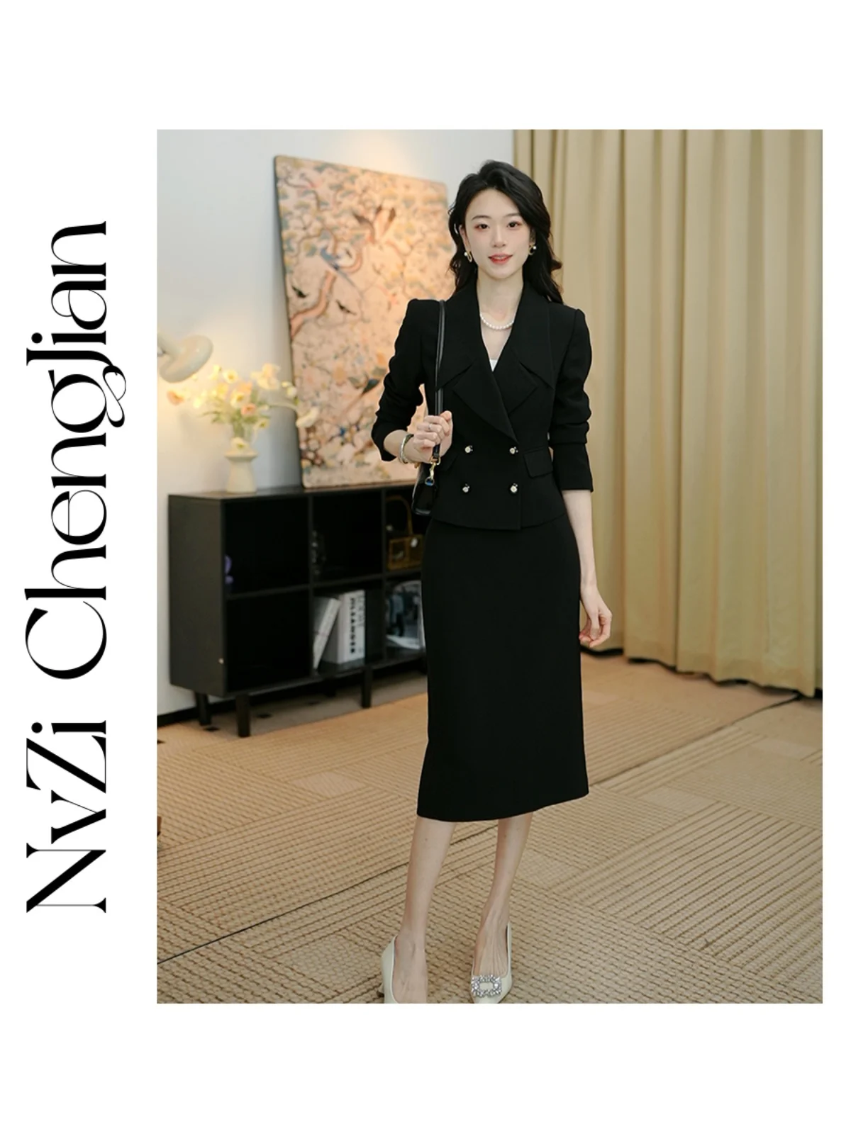 

Ele Transparent Suit Skirt Set for Women Busin Profional Sle V-Ne Long Sve Polyester Fiber Spring Autumn