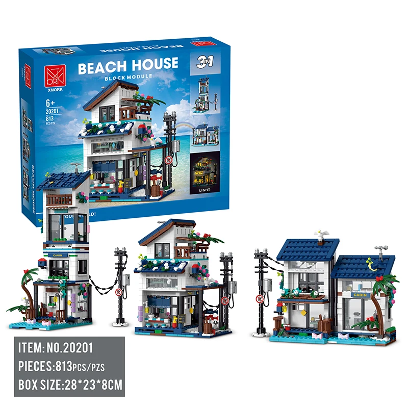 

Creative Building Block Toys Seaside Street Scene 3 in 1 Holiday with Lights Villa Fisherman Hut Children's Assembly Toys Gifts