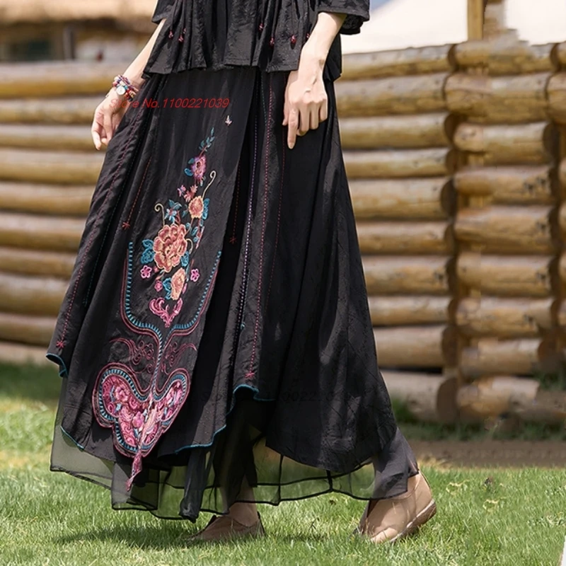 2024 chinese traditional skirt national flower embroidery satin jacquard skirt vintage elastic waist midi folk a-line skirt