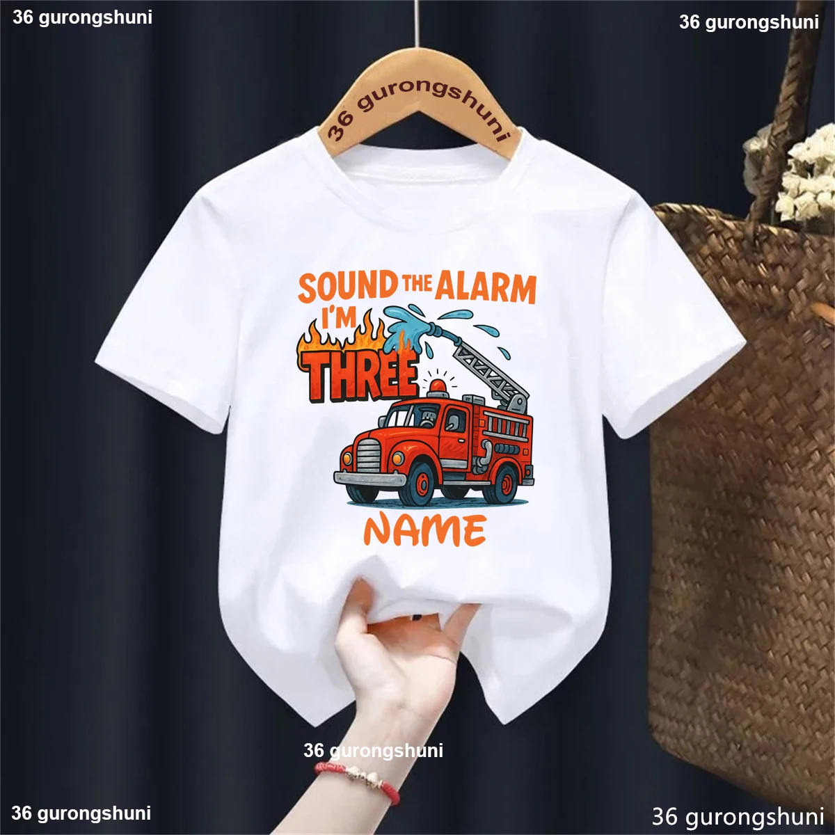 Sound The Alarm I Am Three Fire Truck Spraying Water Printed T Shirt Boys 3rd Birthday Gift T-Shirt Funny Summer Kids Clothes