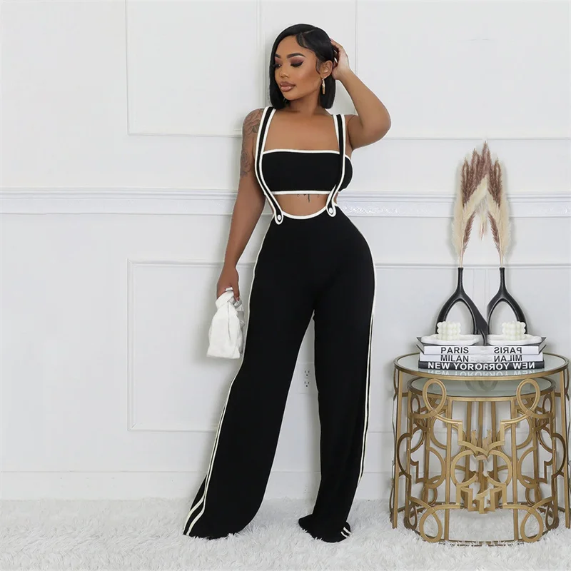 Summer Sexy Knitted Stripe Two Piece Sets Women Strapless Crop Top and Straps Knit Loose Straight Overalls Pants Party Outfits