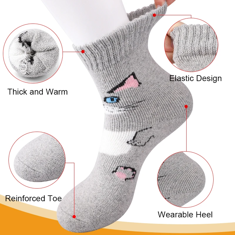 6Pairs/set Cat Socks for Women Winter Wool Cashmere Socks Terry Loop Outdoor Sports Socks Thermal Thicken Plush Sock