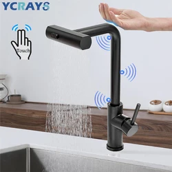 Ycrays-Smart Touch Control torneira da cozinha, 3 modos, guindaste de cachoeira preto, sensor de níquel escovado, puxe o misturador, torneira de água pia, cinza