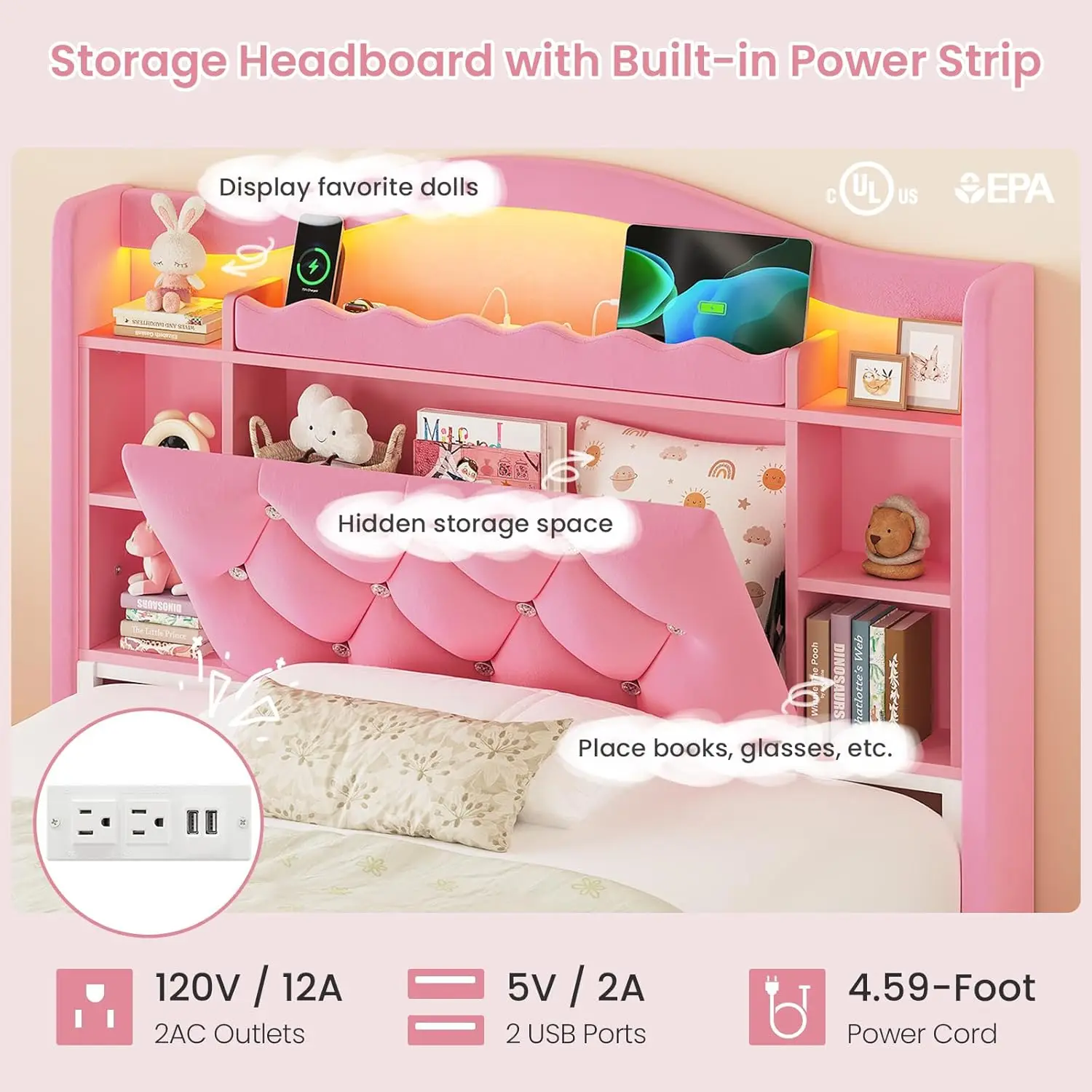 Cama de Solteiro para Meninas com Gavetas de Armazenamento, Cabeceira com Estante, Luzes LED e Tomadas Elétricas, Diamante, Personalizada