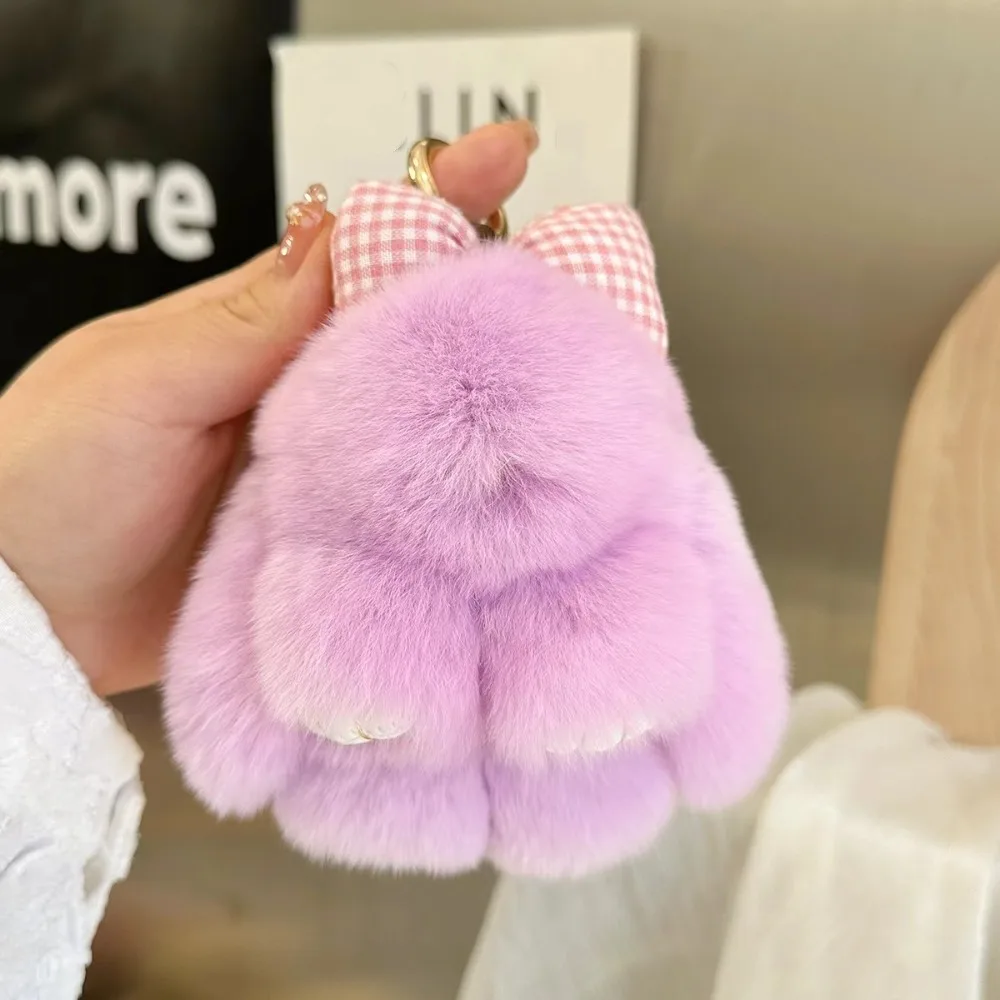 Women Girls Hair Bow Rabbit Fur Keychain Pompoms Cute Fluffy Bunny Keychain Bag Charm Alloy Ring Rabbit Key Ring Couple Pendant
