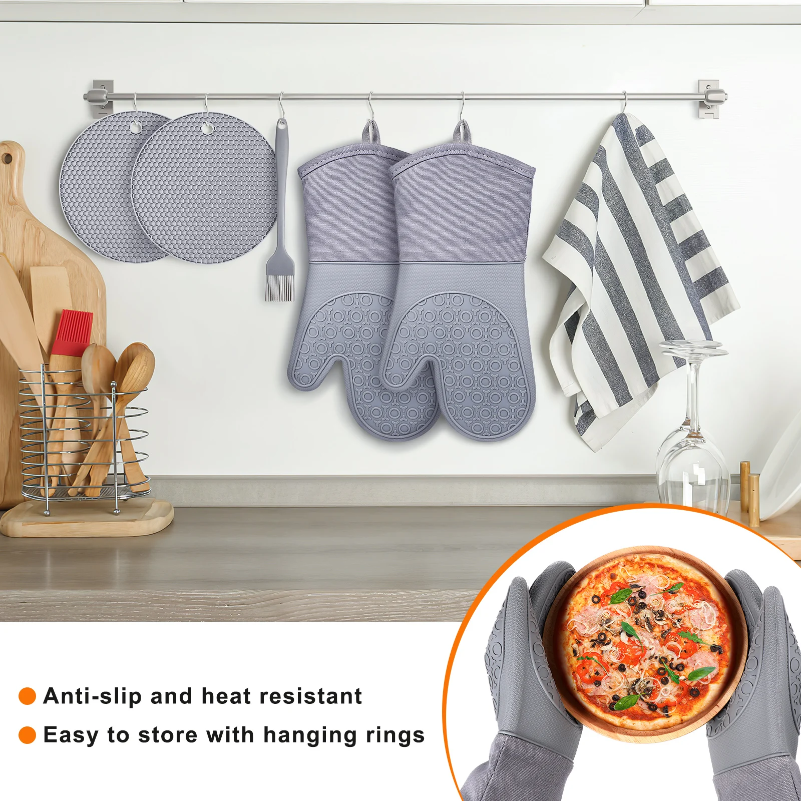 

1 set Oven Gloves Heat Resistant Non Slip Kitchen Baking Supplies Silicone Material Protect Wrist Anti Slip Design Comfort