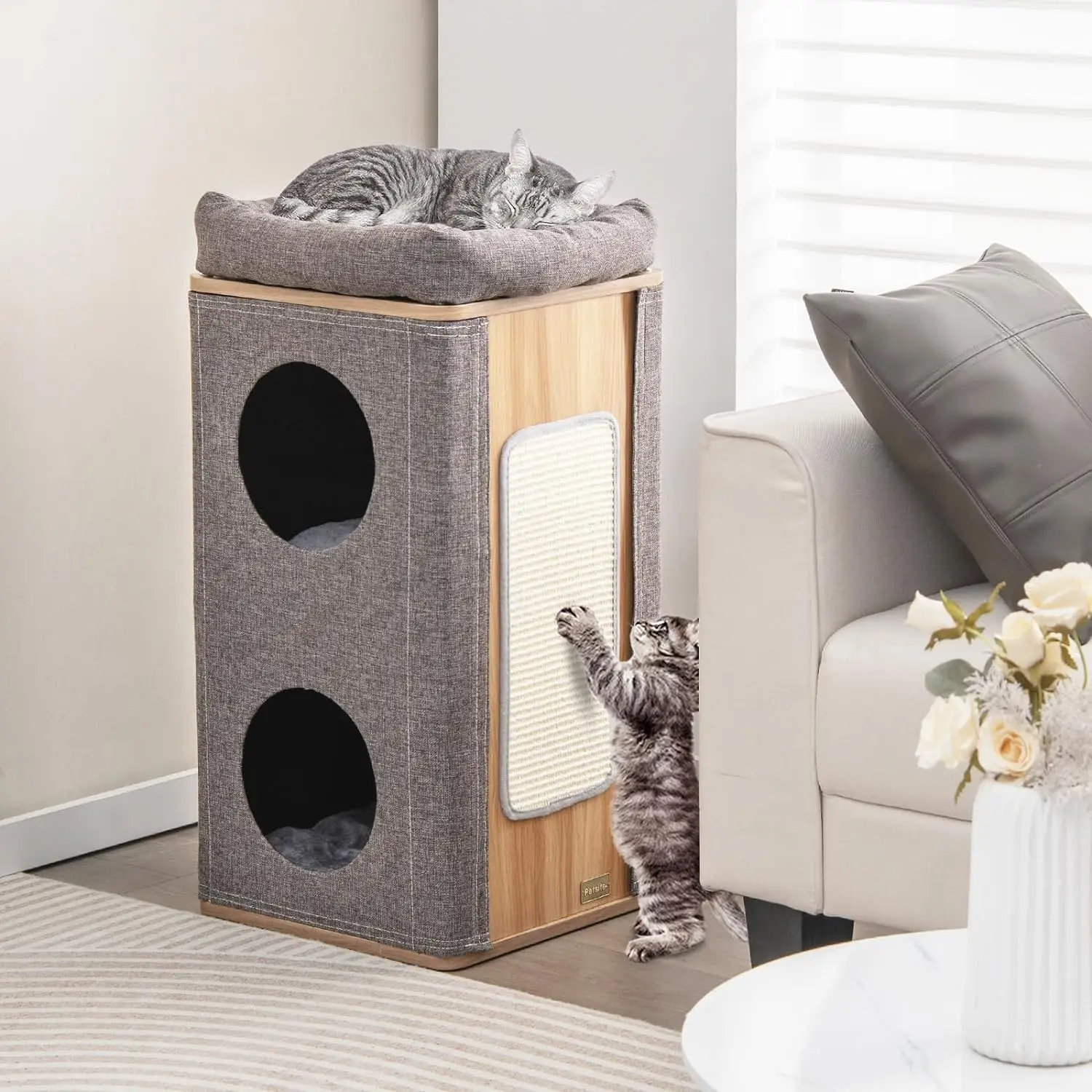 

Tangkula 3-Story Cat Tree Condo, Wooden Cat House with Scratching Board, 2 Hideaways & Removable Soft Top Plush Bed, Modern Barr