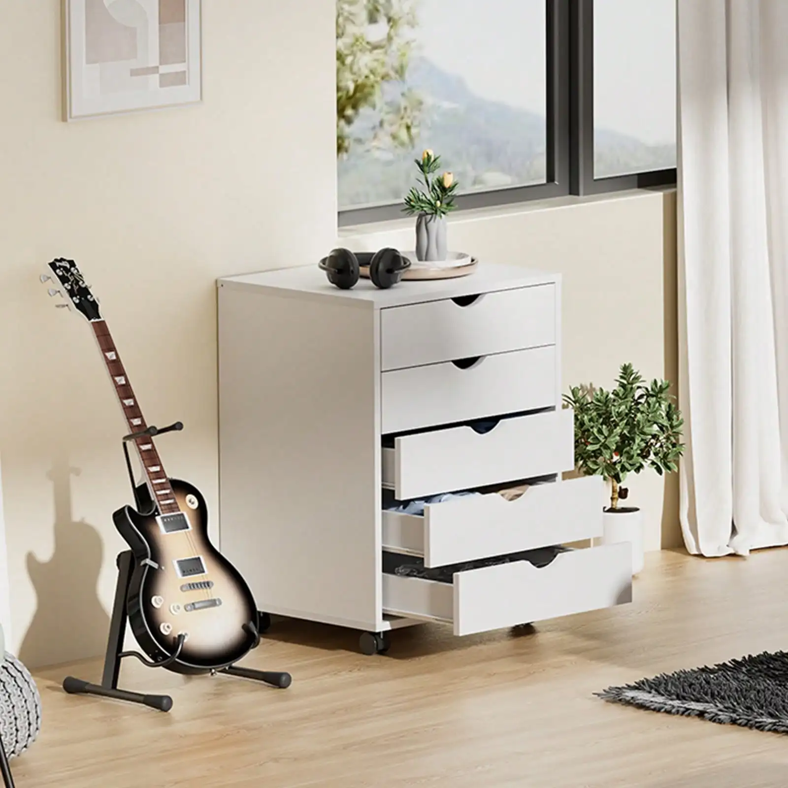 Sweetcrispy 5/7 Drawer File Cabinet Mobile Vertical Filing Cabinet Storage Dresser With Wheels Rolling Under Desk Printer Stand Organizer For Office Home Bedroom, White Wood,White