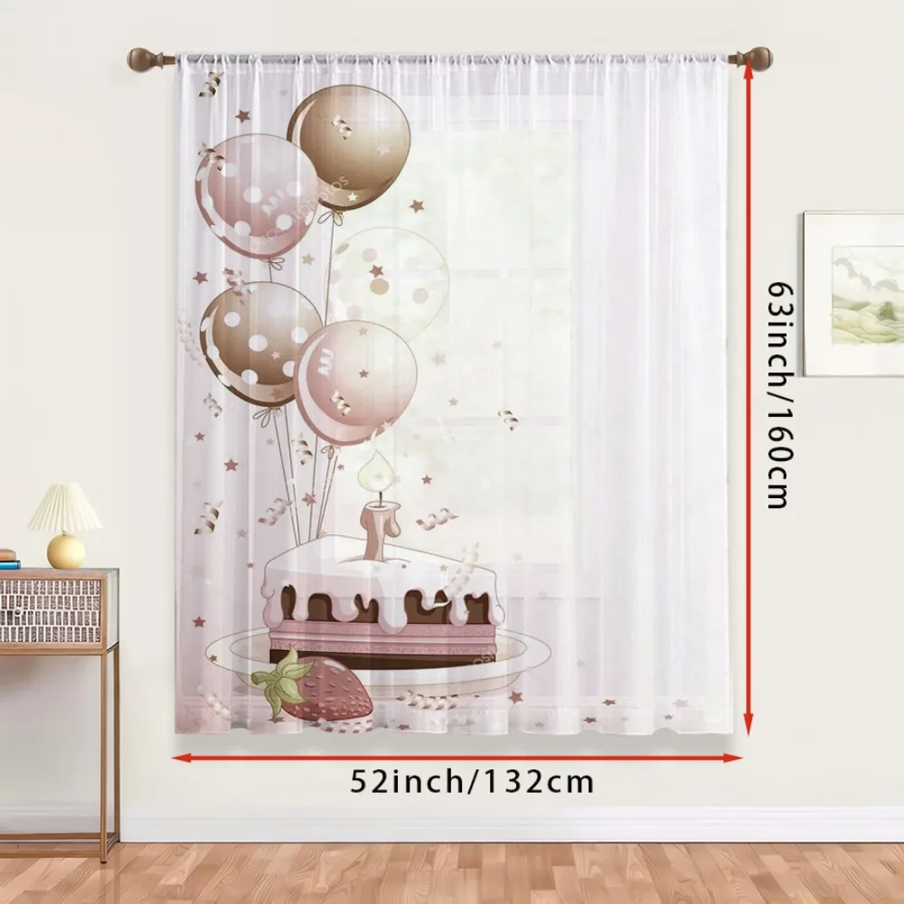 1PC Sheer Curtain Birthday Cake Balloon Pink Brown Print, Rod Pocket Window Curtain for Living Room Party Decor