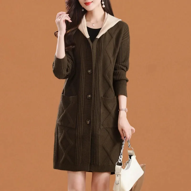 Plus Size 5XL Knitwear Cardigan Ladies 2027 Autumn Winter New High-Quality Sweater Coat Women Long Wool Jacket Padded Hooded Top