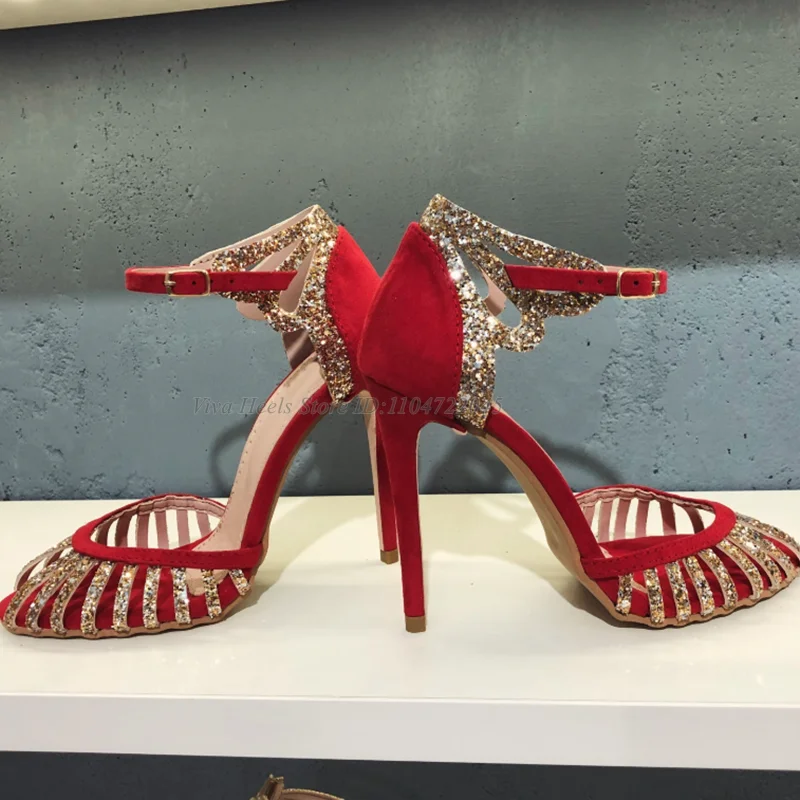

Light Blue/Red Caged Gold Glitter Leather Sandals Women's Elegant Ankle Strap Peep Toe High Heels Luxury Designer Party Shoes
