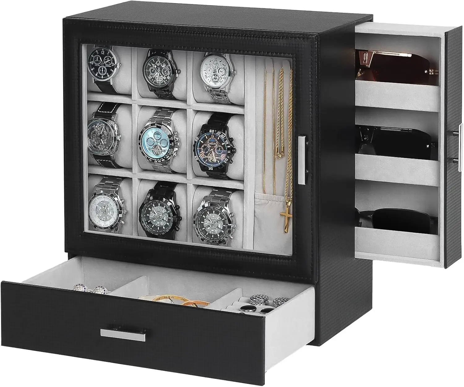

Вертикальный футляр для 9 часов с крючками для ожерелий, выдвижным ящиком для мужских украшений и солнцезащитных очков, компактный подарок для экономии места