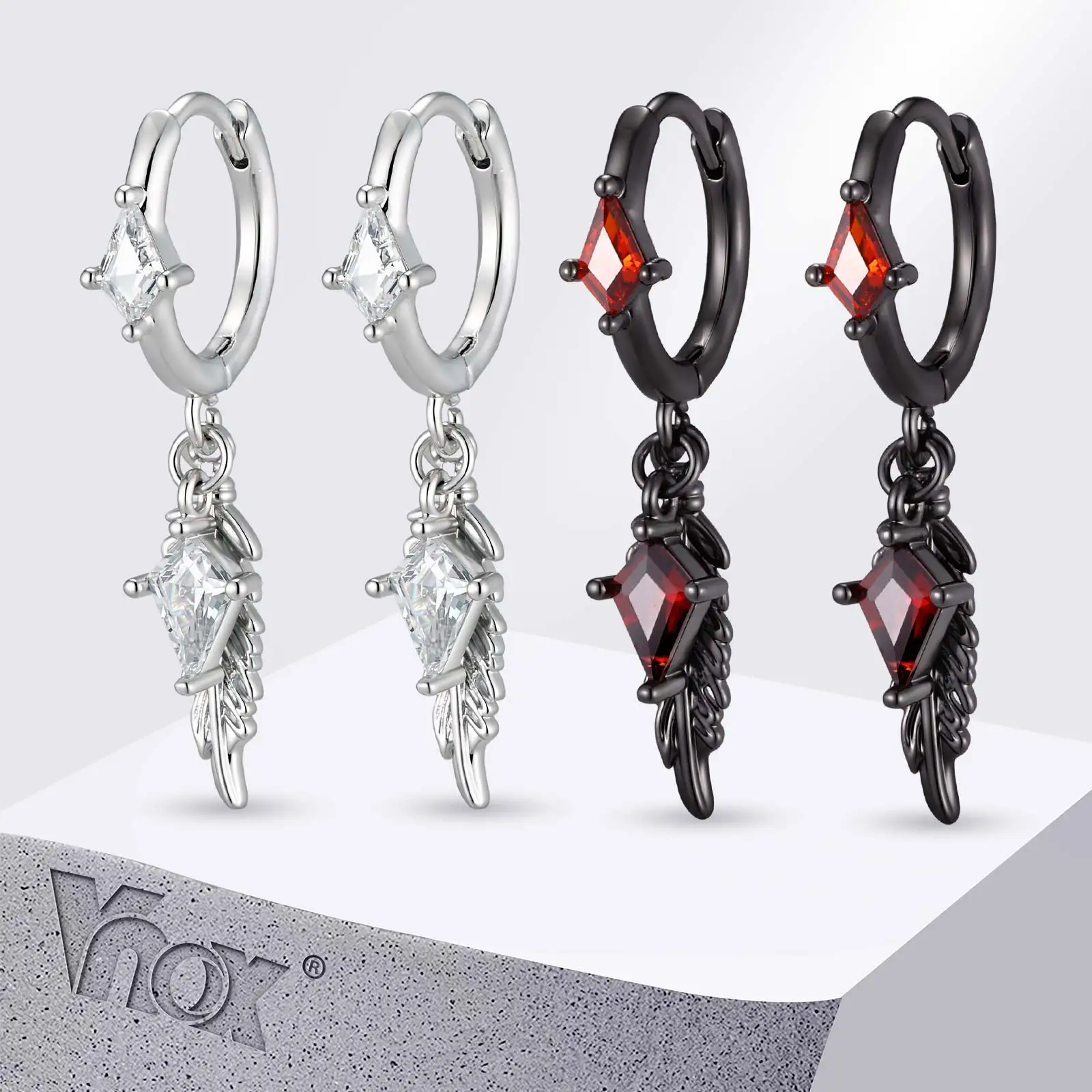 Vnox Gothic Wing Dangle Hoop Earrings for Men, Copper Feather Rhombus Red Clear Zircon Huggie Earrings Punk Hip Hop Jewelry Gift