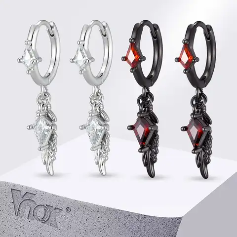 Vnox Gothic Wing Dangle Hoop Earrings for Men, Copper Feather Rhombus Red Clear Zircon Huggie Earrings Punk Hip Hop Jewelry Gift