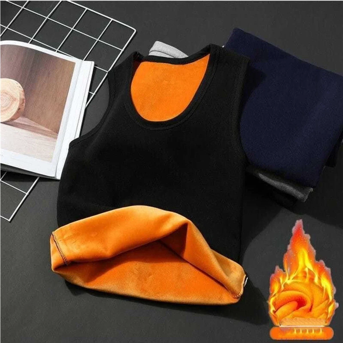 Men's Solid Double-Sided Warm Vest Fleece-Lined round Neck Vest Cold Resistance Warmth Men's Vest Autumn Winter Essential