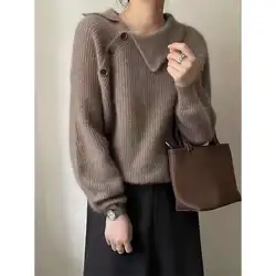 Autumn and Winter Women's Solid Skiw Collar Long Sleeve Loose Pullover Knitted Underlay Vintage Fashion Casual Office Lady Tops