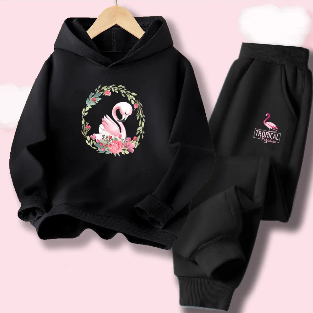 2-teiliger Trainingsanzug für kleine Mädchen, Hoodie mit Blumen-Schwanenmuster + Jogginghose, süßes, lässiges, leichtes Set für den Alltag, Frühling und Herbst
