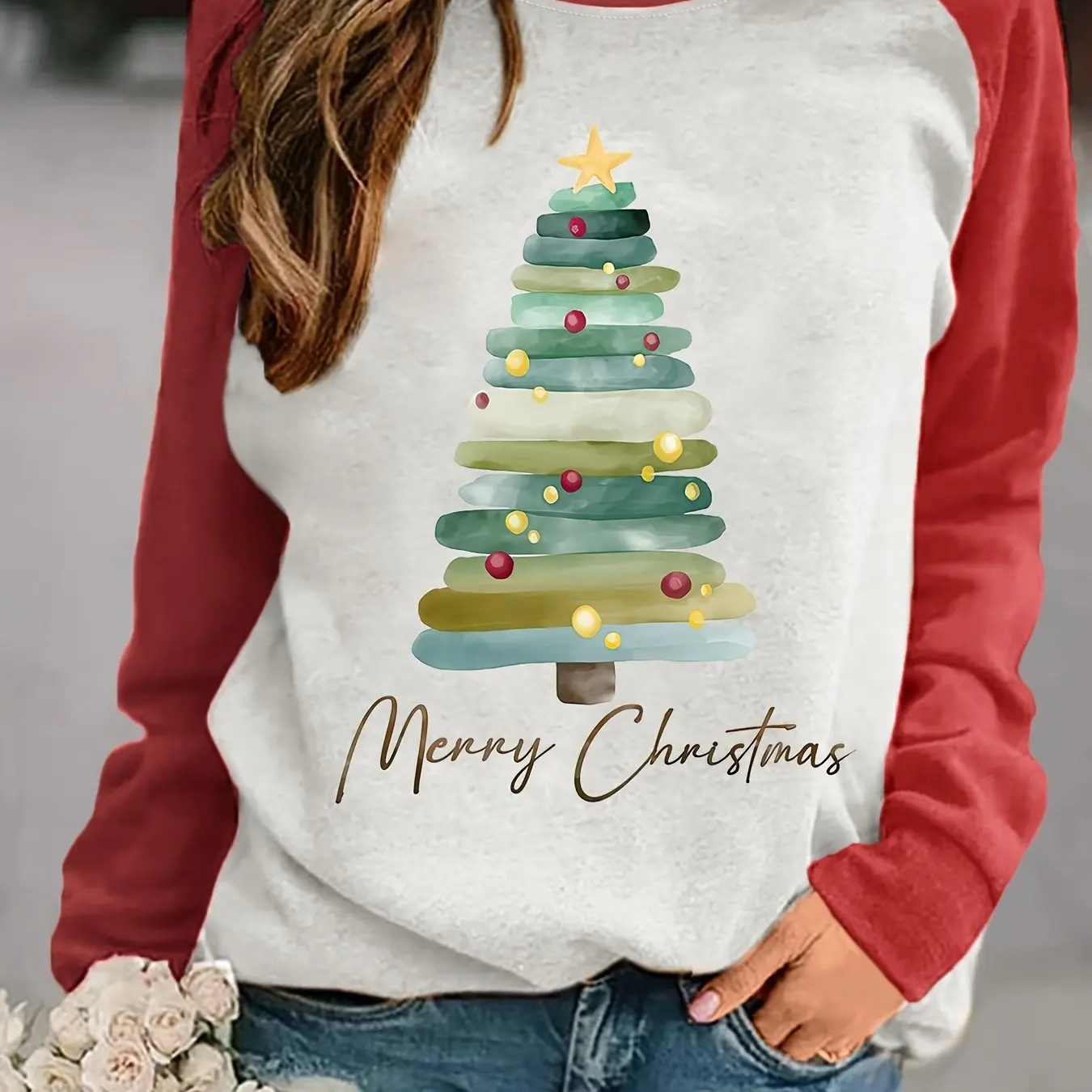 Christmas Tree Print Pullover Sweatshirt - Soft Casual Long Sleeve Crew Neck Design For Fall & Winter - Women\'s Comfort Clothing