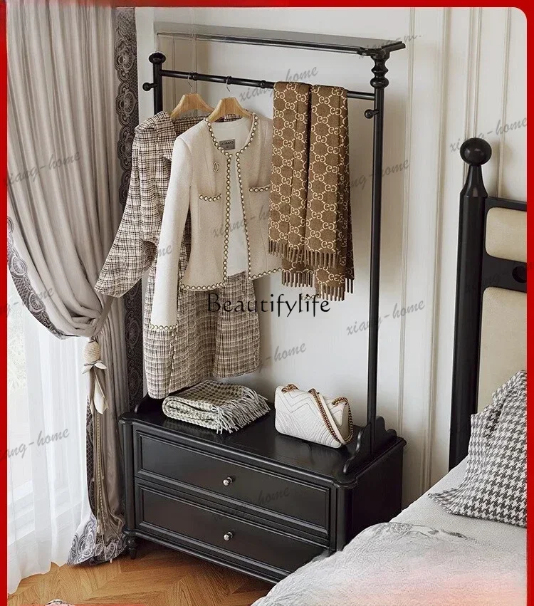 JJ Retro coat rack Floor-to-ceiling solid wood open storage hanger integrated bedside table
