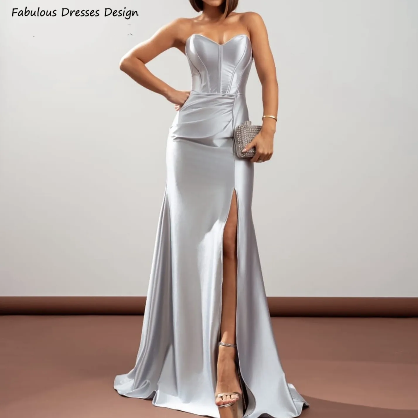 

Silver Long Mermaid Bridesmaid Dresses Simple Strapless Sweetheart Neck Wedding Guests Dress Side Slit Backless Prom Party Gown