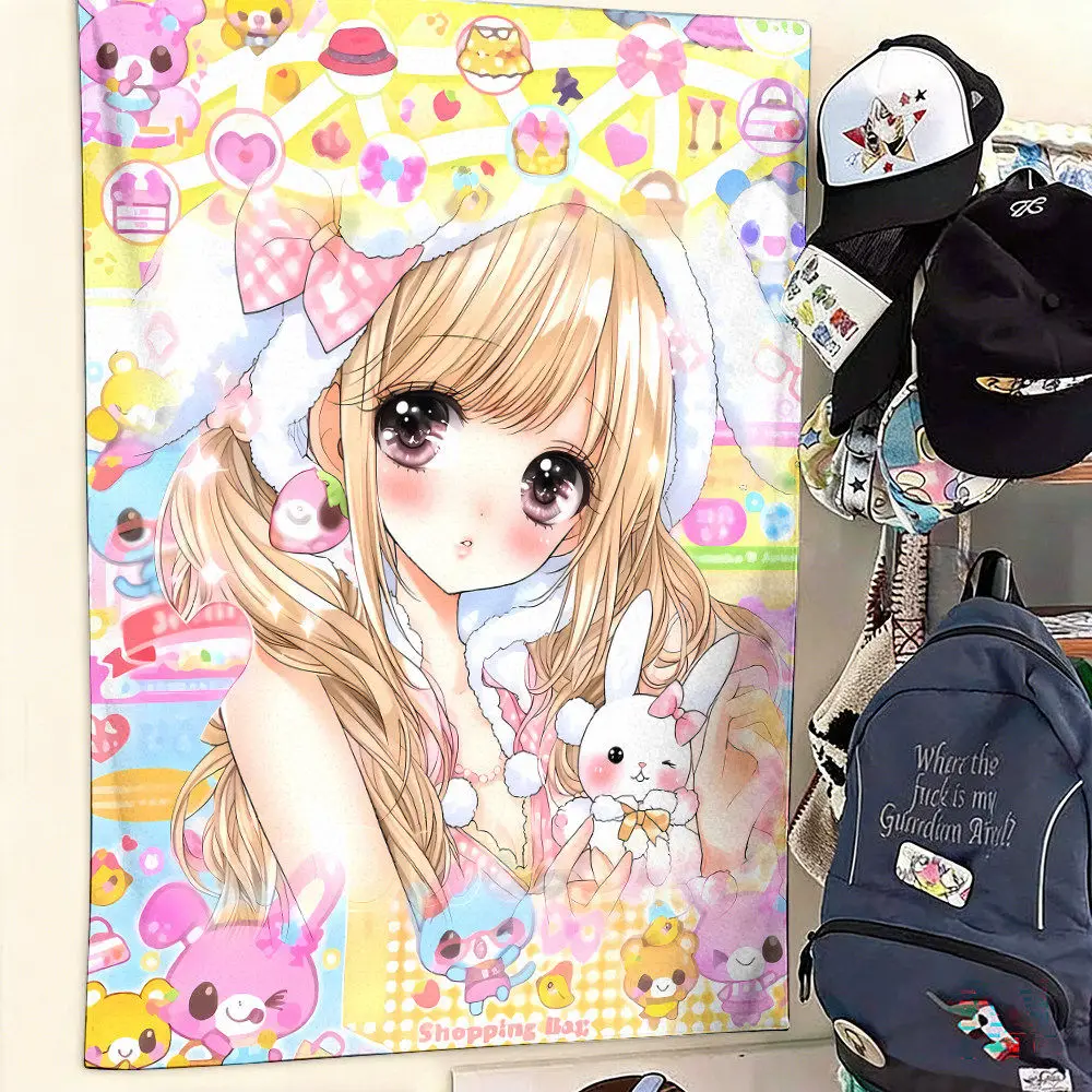VIKAMA Pastel Anime Girl Tapestry Blonde Hair with Bunny Wall Hanging for Bedroom Y2K Decor