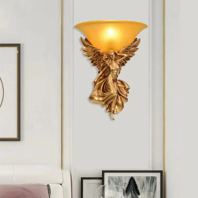 Hongcui Modern Angel Gold Wall Lights LED Creative Vintage Resin Sconce Lamp for Home Living Room Bedroom Bedside Decor