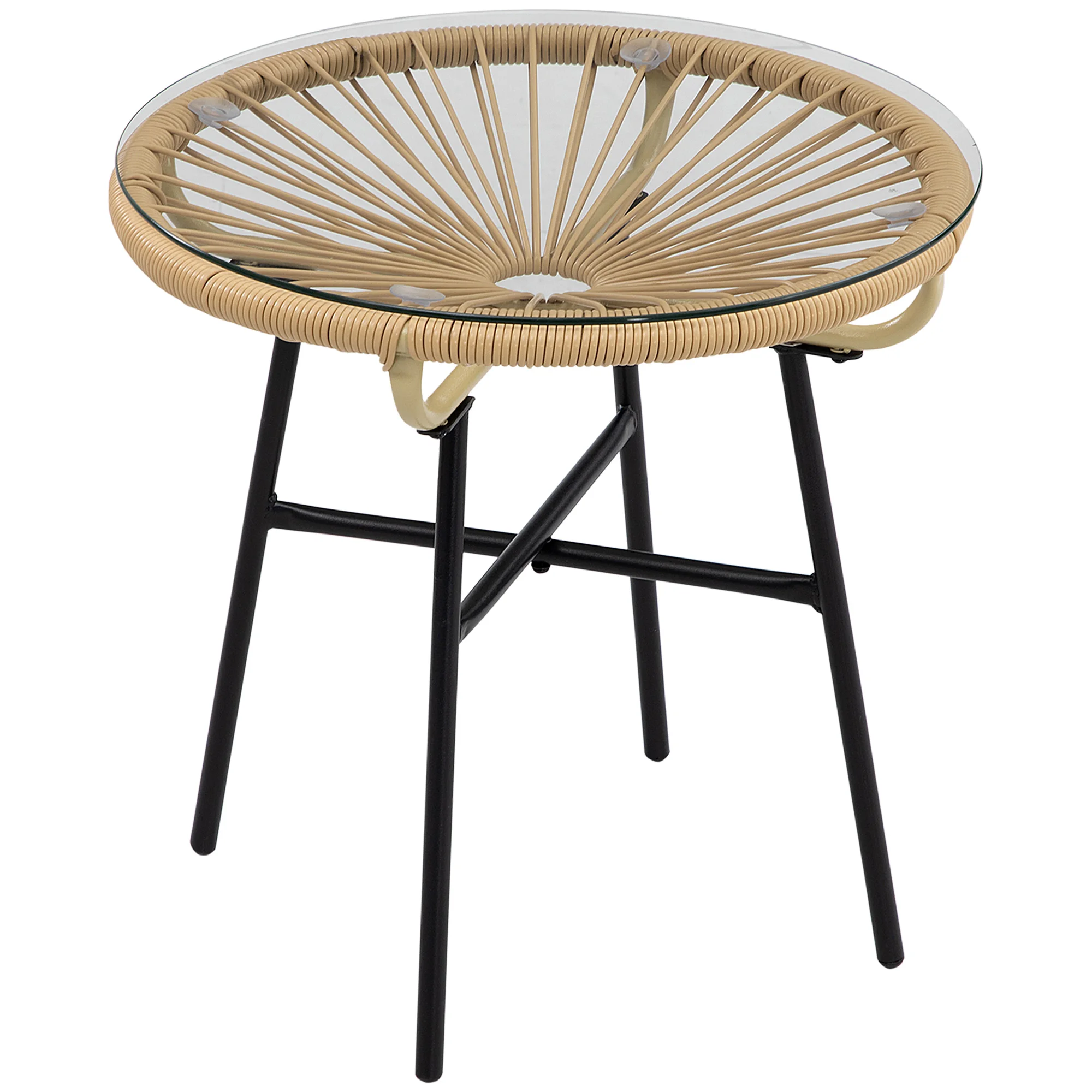 Outsunny Mesa Auxiliar de Ratán Sintético Redonda para Exteriores con Encimera de Vidrio Templado Ø50x50 cm Beige