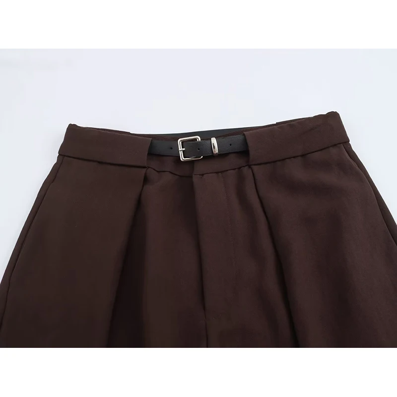 SIYANG Women Fashion Chic Chocolate Pleated Trousers With Belt Female Zip-fly High Waist Pants Elegant Wear