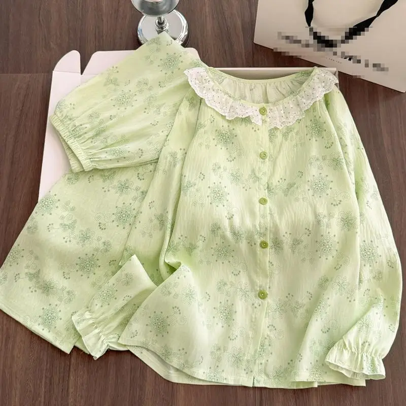 Women's new lace long sleeved long pants home suit set women's spring and autumn pajamas student sweet princess two-piece set