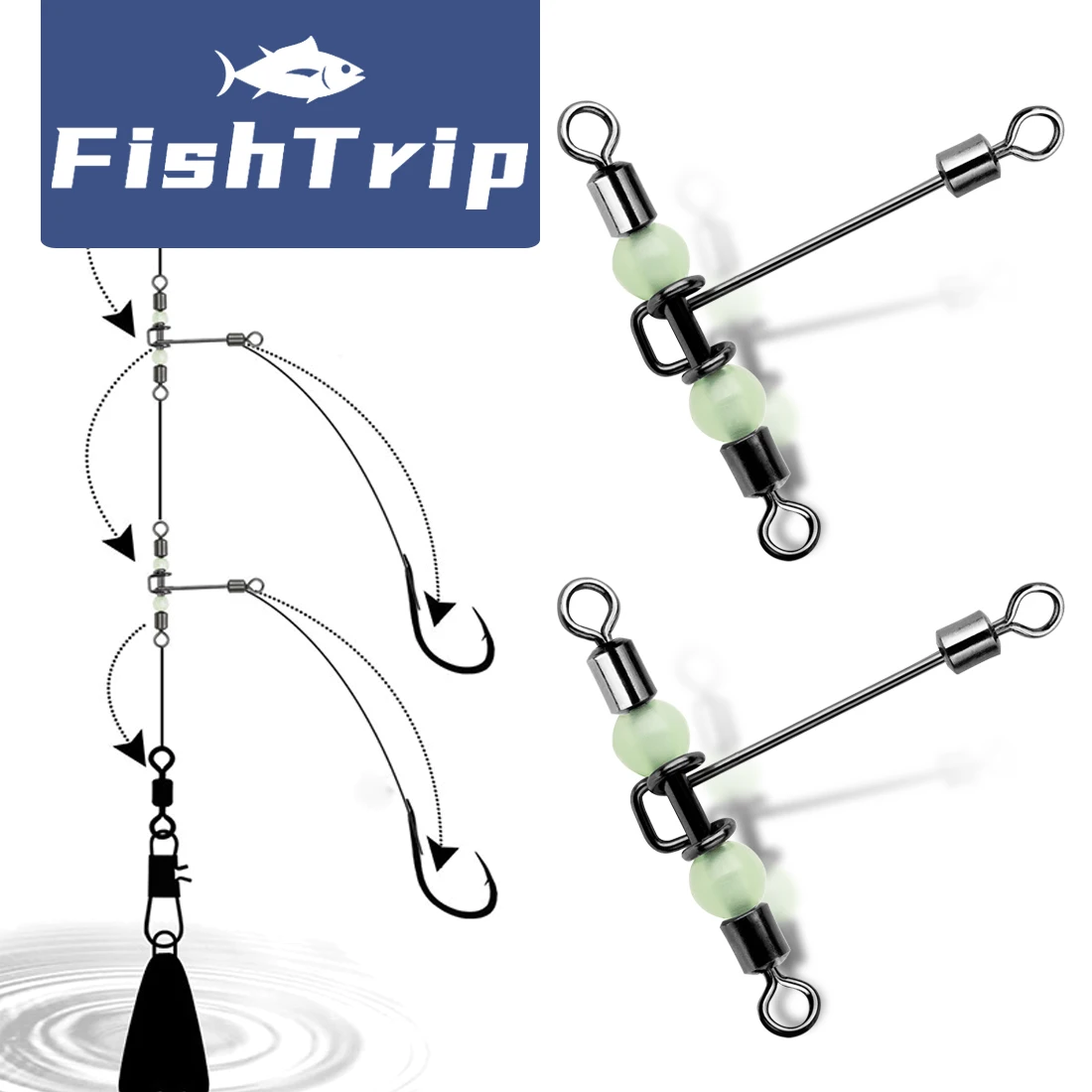 FishTrip Long Leg T-shape Cross-line Rolling Swivel with Glow Beads Stainless Steels Fishing Tackle