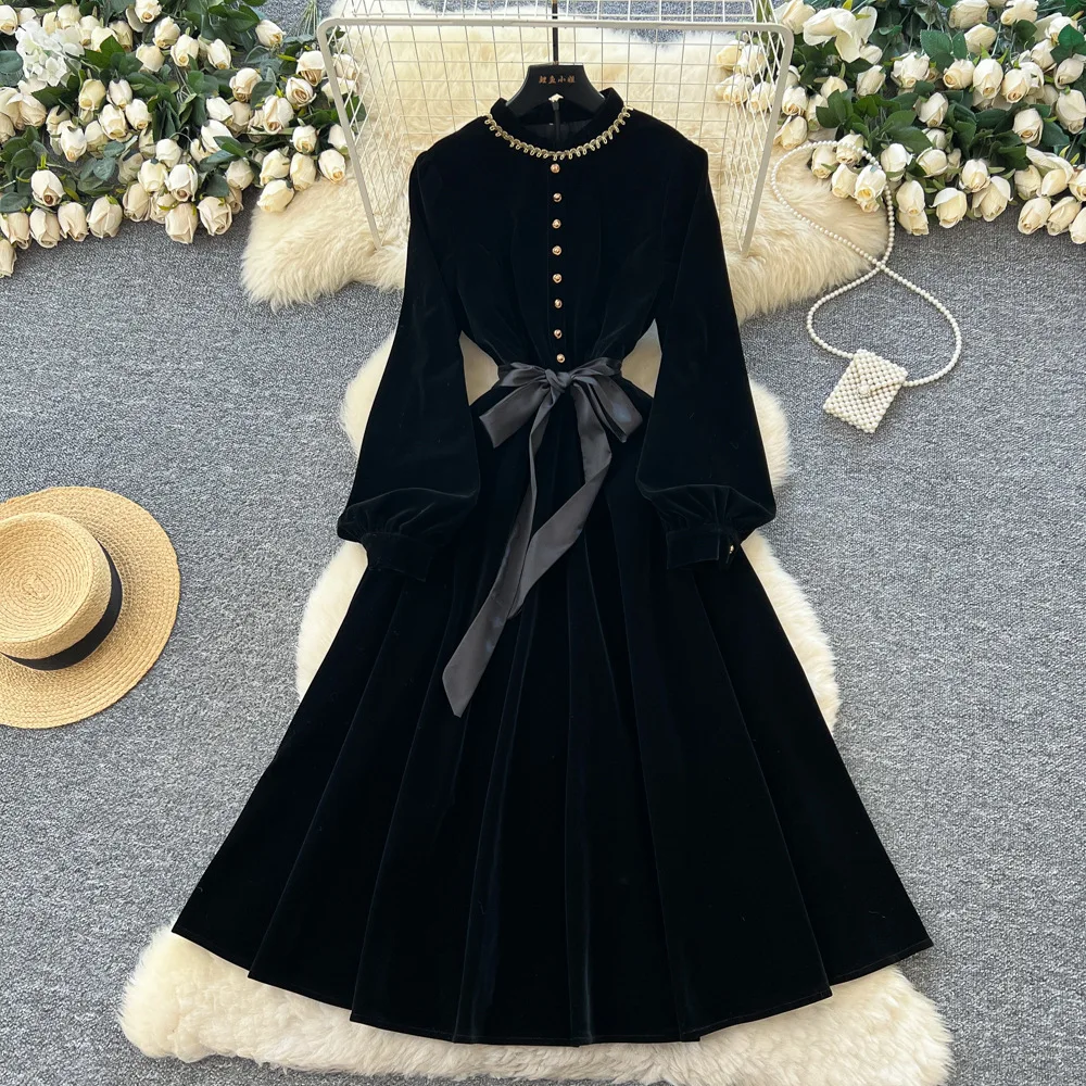 

Women Velvet Dresses Solid Dress Single Breasted Long Sleeves Round Collar Ankle Length Loose Elegant Casual 2025 Autumn Winter