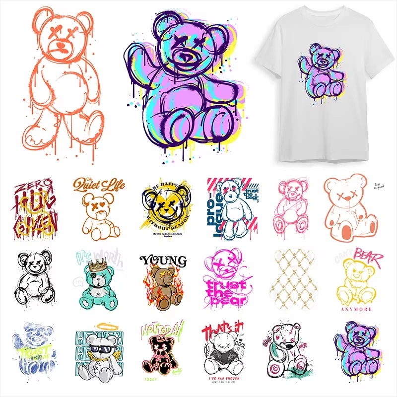 2 قطع لطيف الكرتون الدب الكي ملصقات نقل ساخنة للملابس، الفينيل ملصقات ساخنة أزياء جديدة DIY الملابس قبعة ملصقات #1