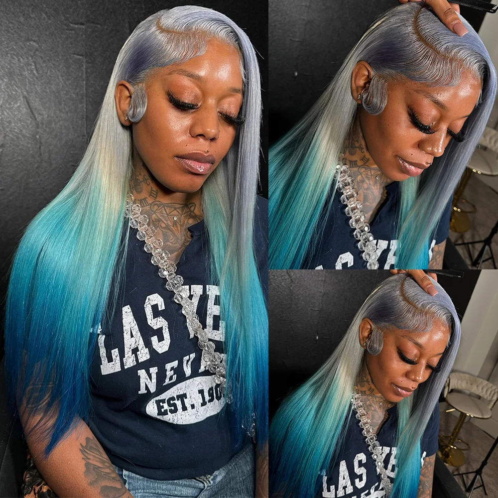 Silver Gray Roots WIth Blue Omber Bone Straight 13x4/13x6 Transparent Lace Frontal Human Hair Wig 180% Remy Preplucked Lace Wigs