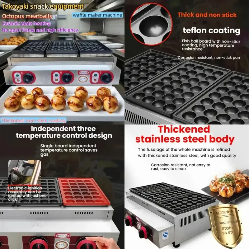 Máquina Eléctrica Comercial para Takoyaki y Waffles con Superficie Antiadherente para Cocinar Pulpo