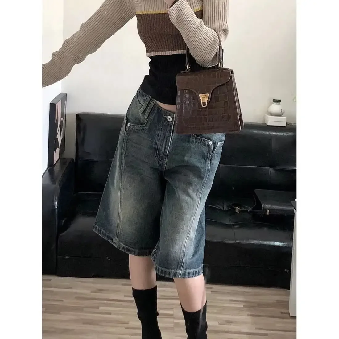 Vintage Distressed Women Jeans Denim Knee Length Wide Leg Pants Mid Waist 2025 Washed Jean Pockets Spliced Basics Loose