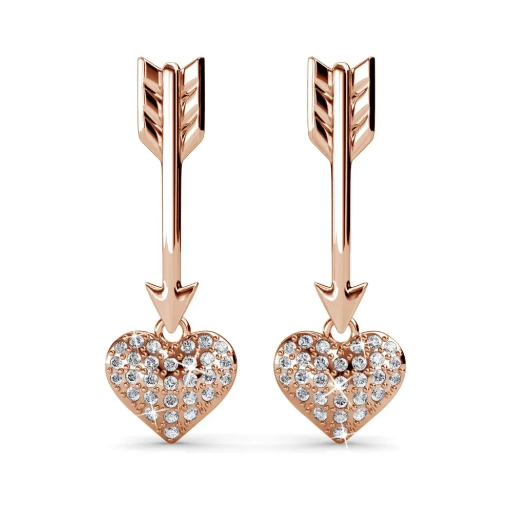 Daisini Arrow Heart Drop Earrings for Women, Embellished with Swarovski Crystals, 18K Rose Gold Plated, Romantic Jewelry Gift